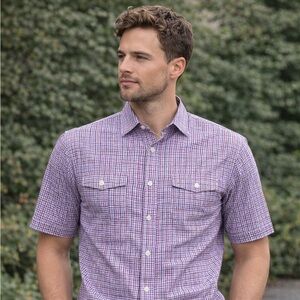 Mens Large Short Sleeve Button Down Shirt Purple Blue Plaid Check Casual Cotton